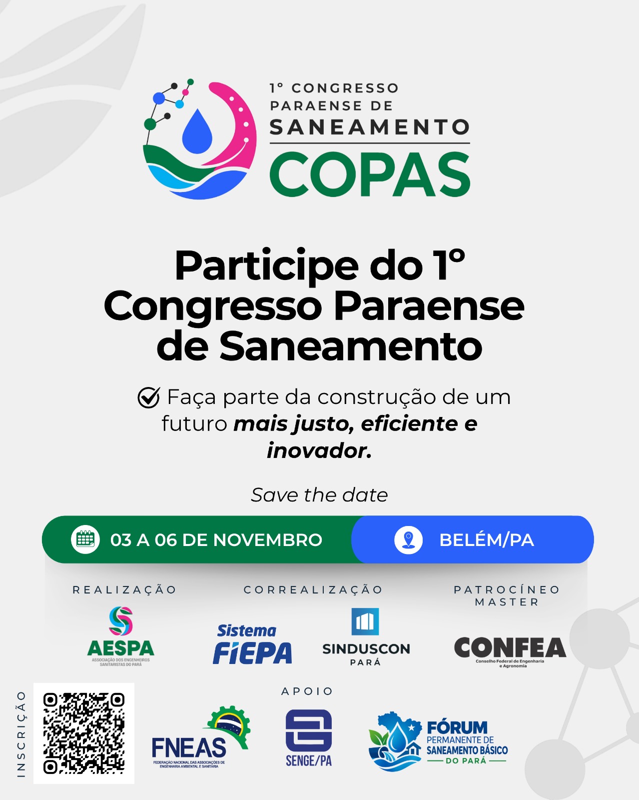 Banner do 1º Congresso Paraense de Saneamento - COPAS, 03 a 06 de novembro, Belém/PA